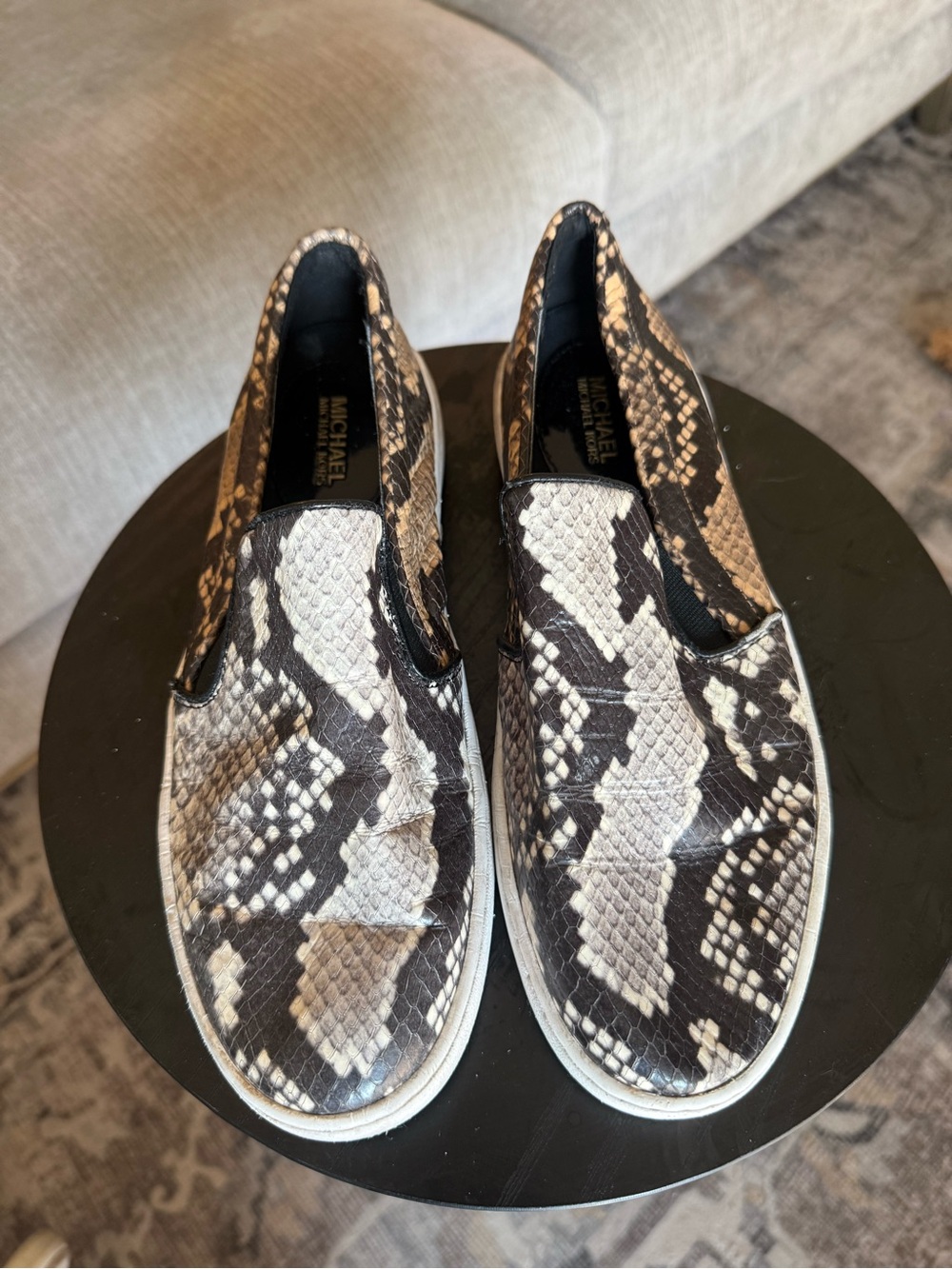 Michael Kors Black & Cream Snake-Print Slip-On Sneakers SZ 7
